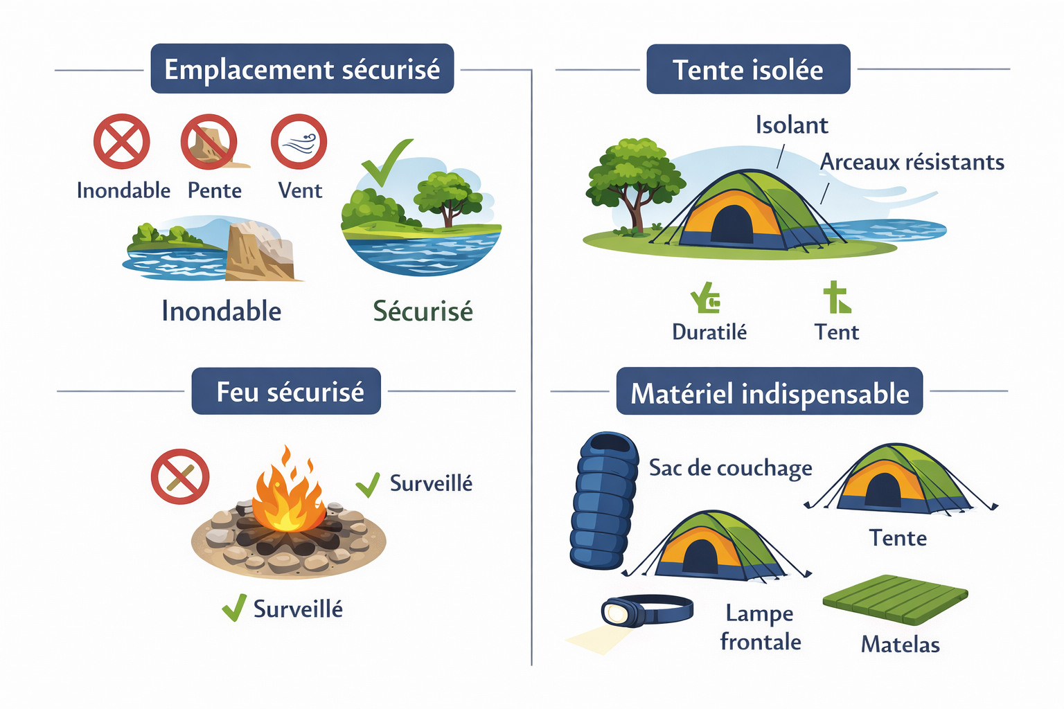 Conseils et matériel pour camping sécurisé et confortable.
