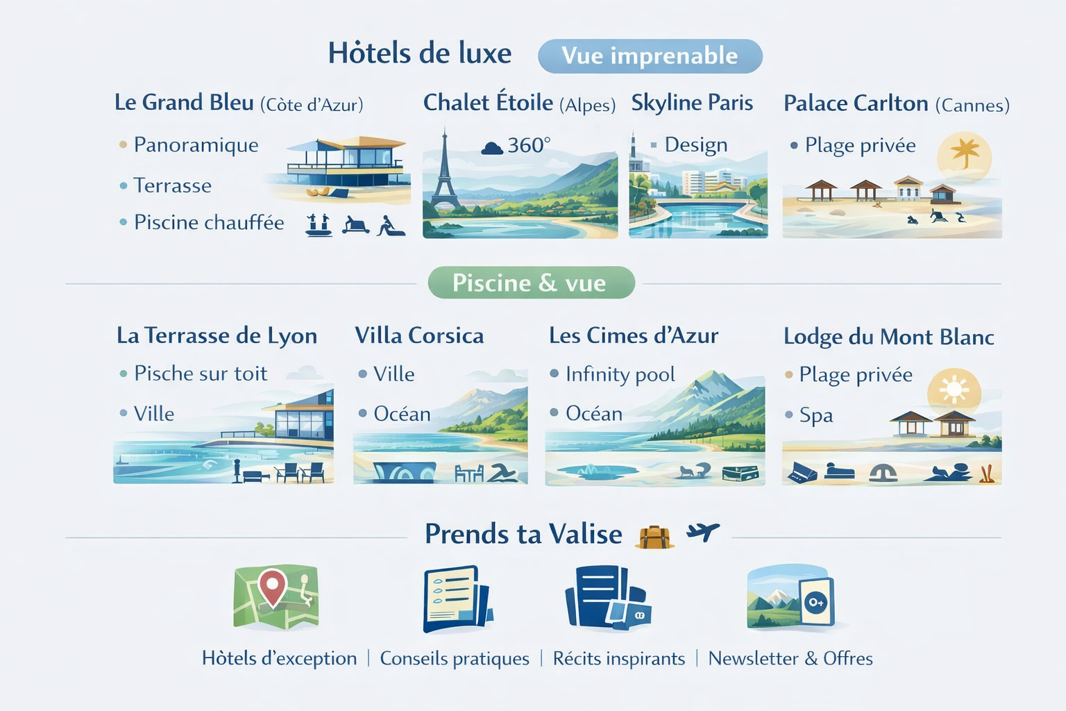 Hôtels de luxe avec vues, piscines, spa, plages privées.