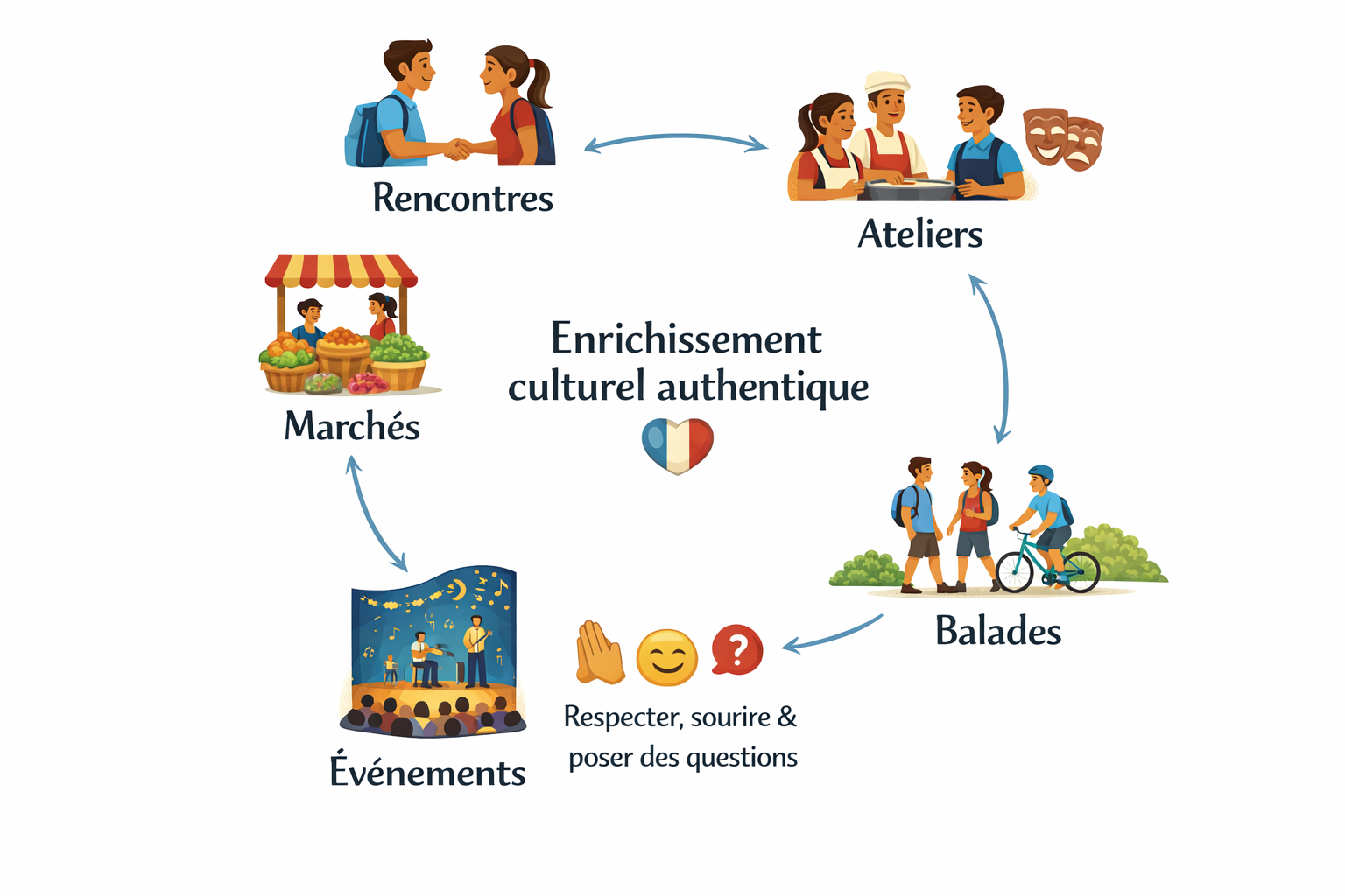 Cycle d'enrichissement culturel : rencontres, ateliers, marchés, événements.