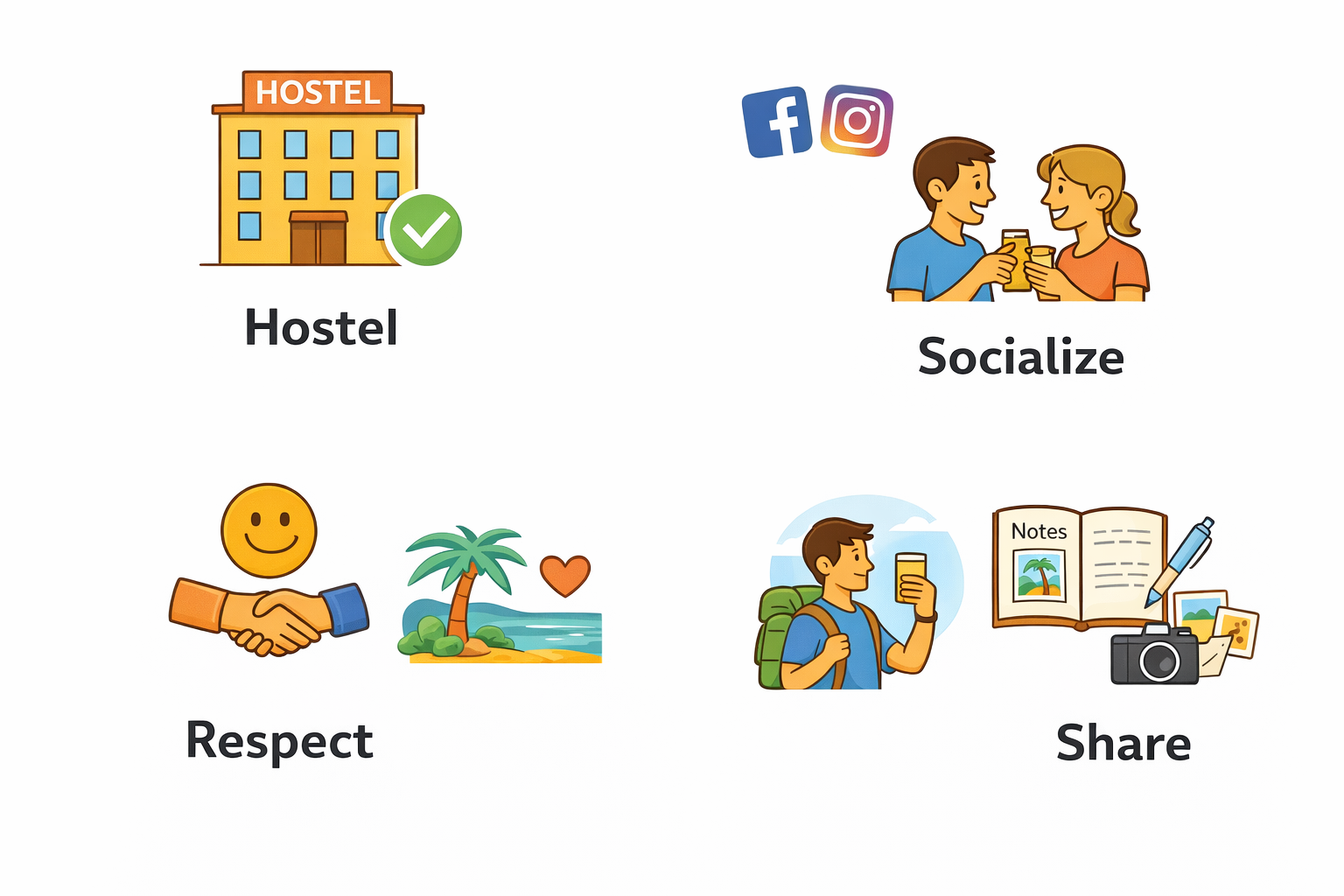 Hôtel, socialiser, respect, partager : principes de voyage en auberge.