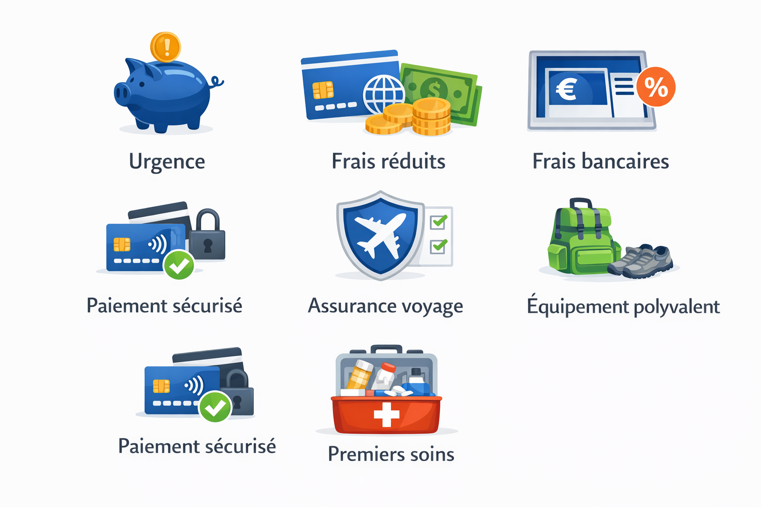 Icônes illustrant services financiers et sécurité voyage.