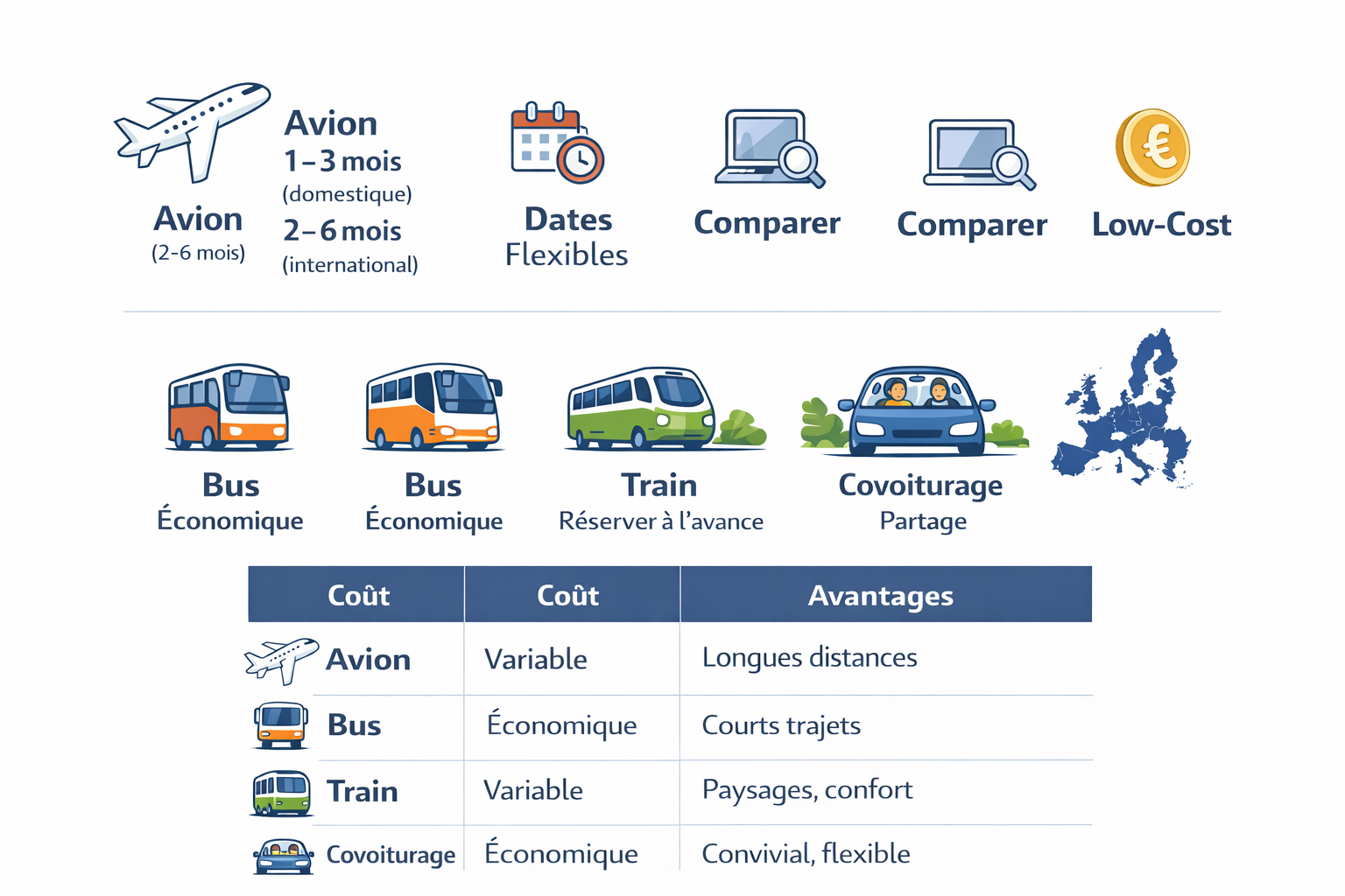 Comparaison coûts et avantages : avion, bus, train, covoiturage.