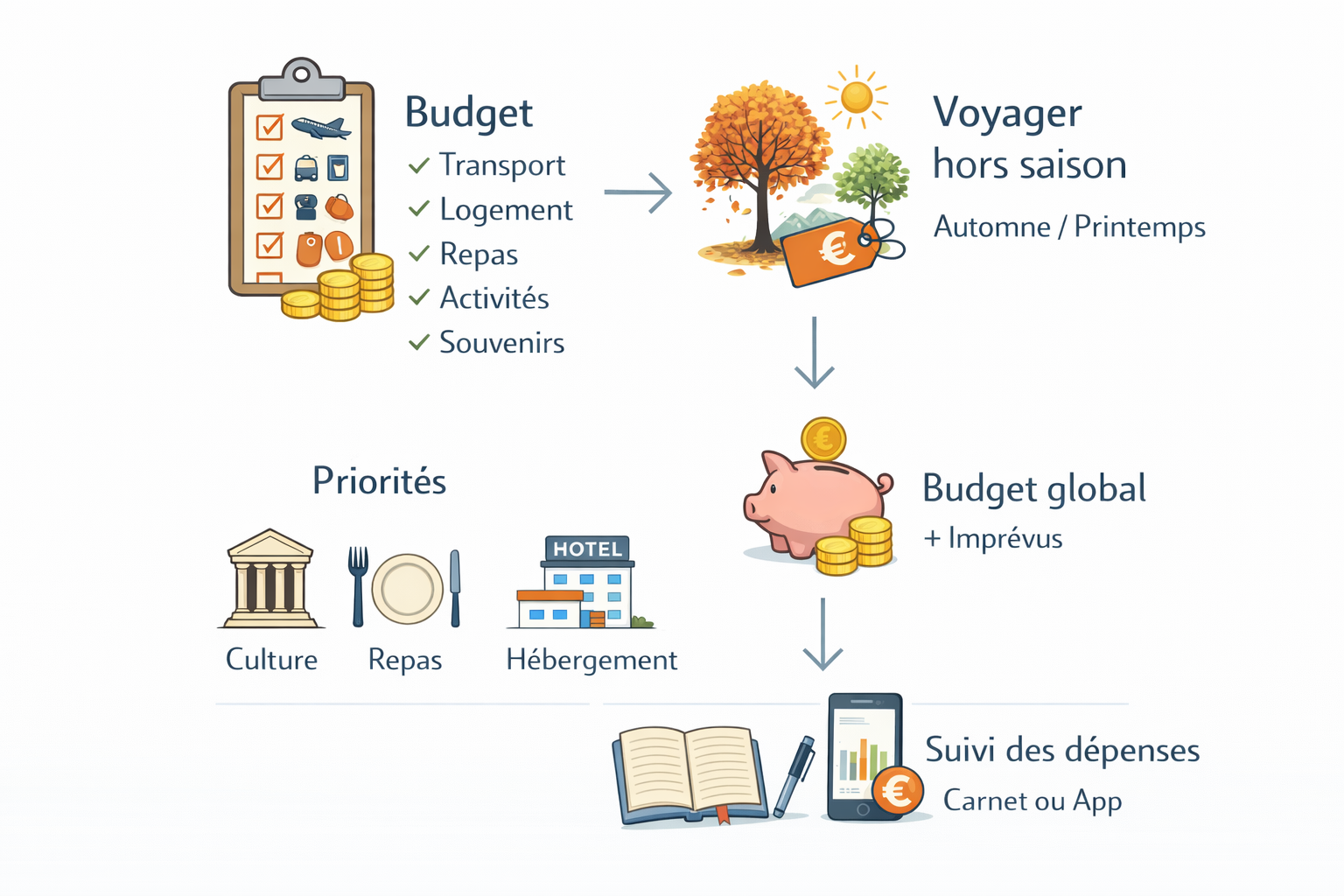 Organisation du budget voyage avec priorités et suivi dépenses.