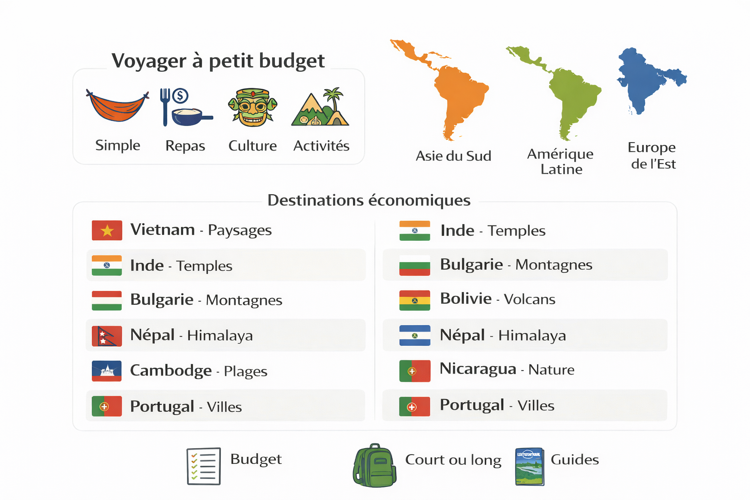 Destinations économiques pour voyager à petit budget par continent.