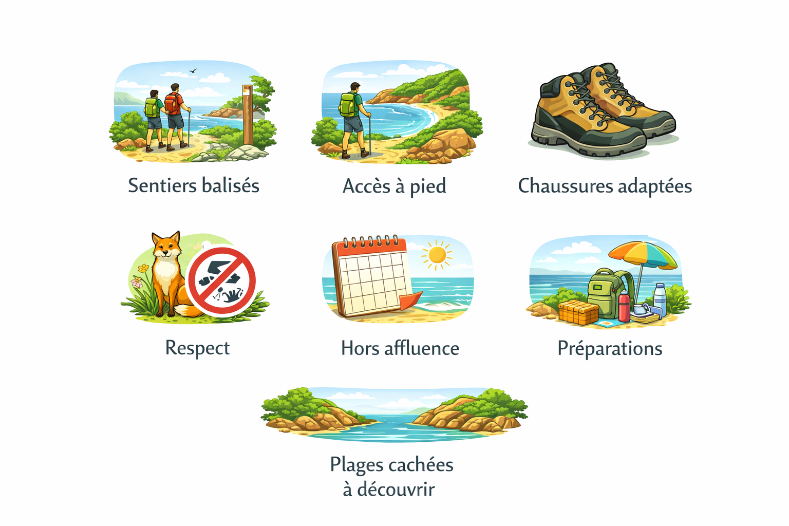 Conseils pour randonnée : chemins, équipement, respect, plages secrètes.
