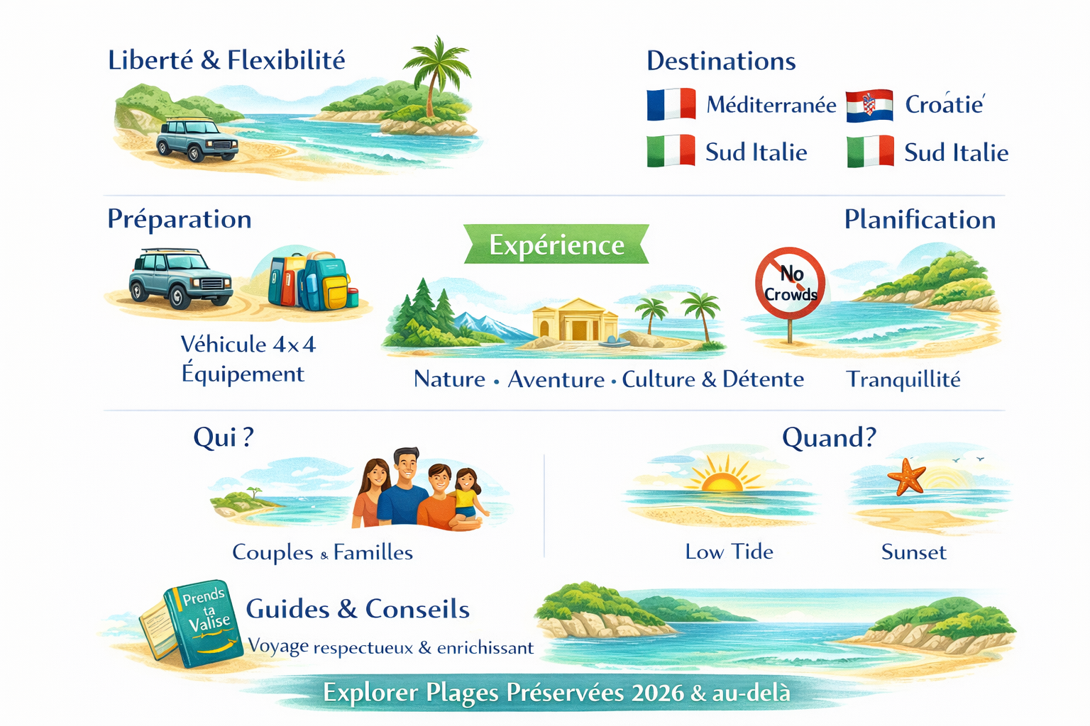 Voyage en 4x4, plages préservées, nature, familles, tranquillité.
