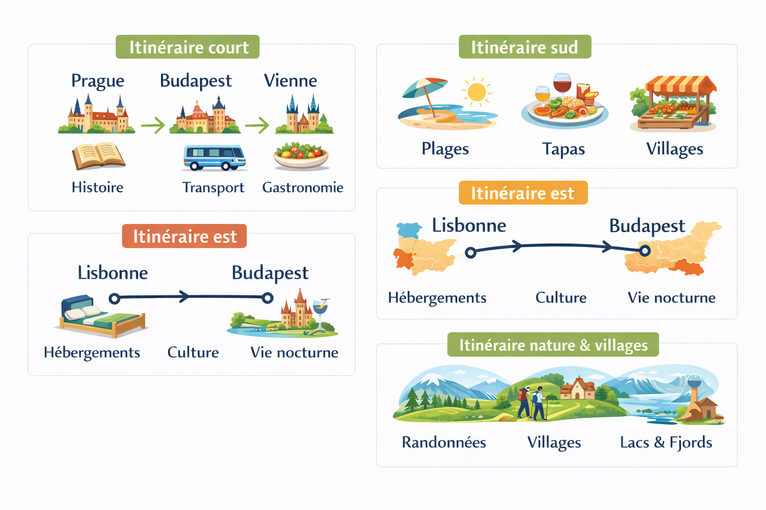 Différents itinéraires touristiques et activités en Europe.