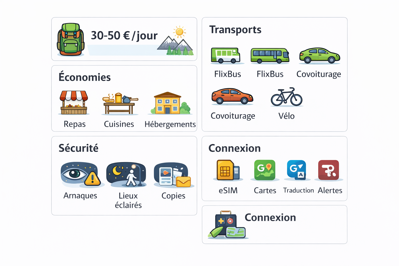 Budget, transports, économies, sécurité, connexion pour voyageur.