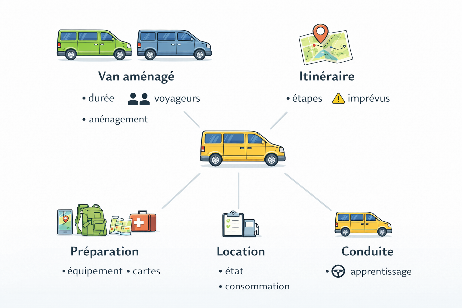 Organisation complète pour voyage en van aménagé.