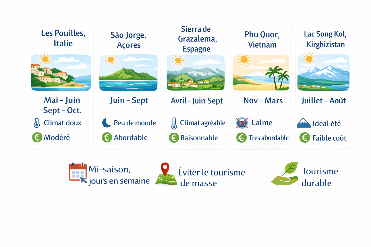 Destinations touristiques durables, saisons, coût, climat, fréquentation.