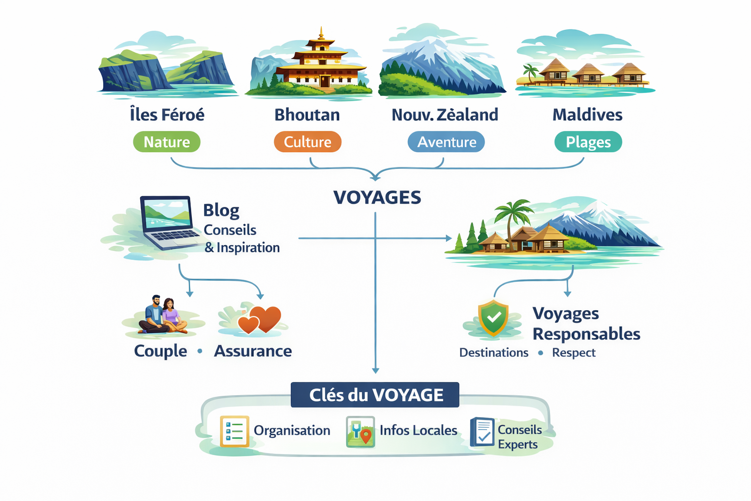 Destinations, types de voyages, conseils, voyages responsables, clés.