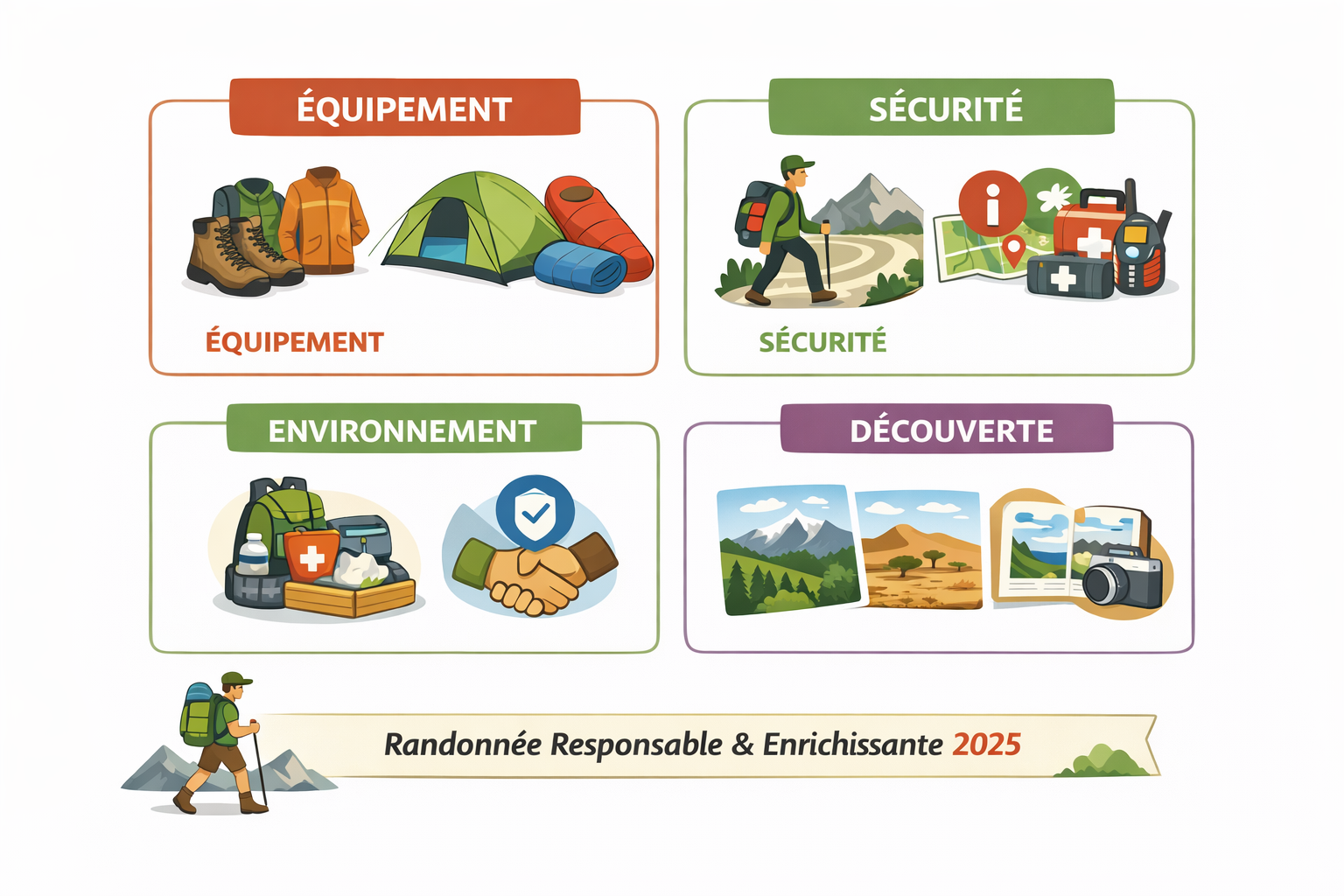 Équipement, sécurité, environnement, découverte pour randonnée responsable.