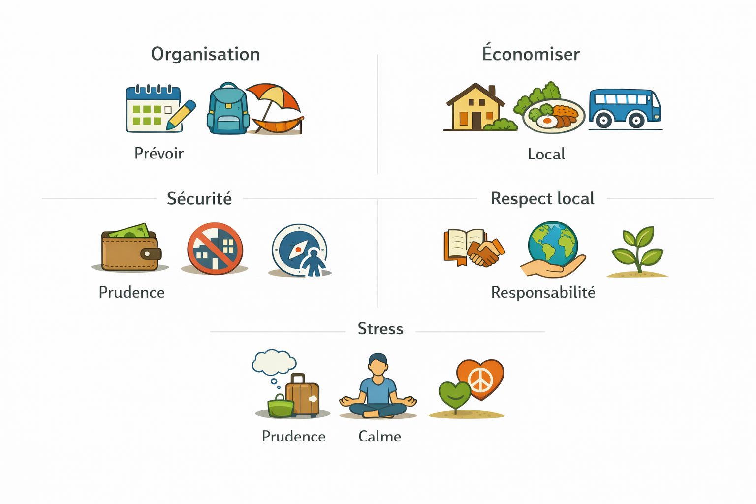 Conseils pour voyager : organisation, économie, sécurité, respect, stress.