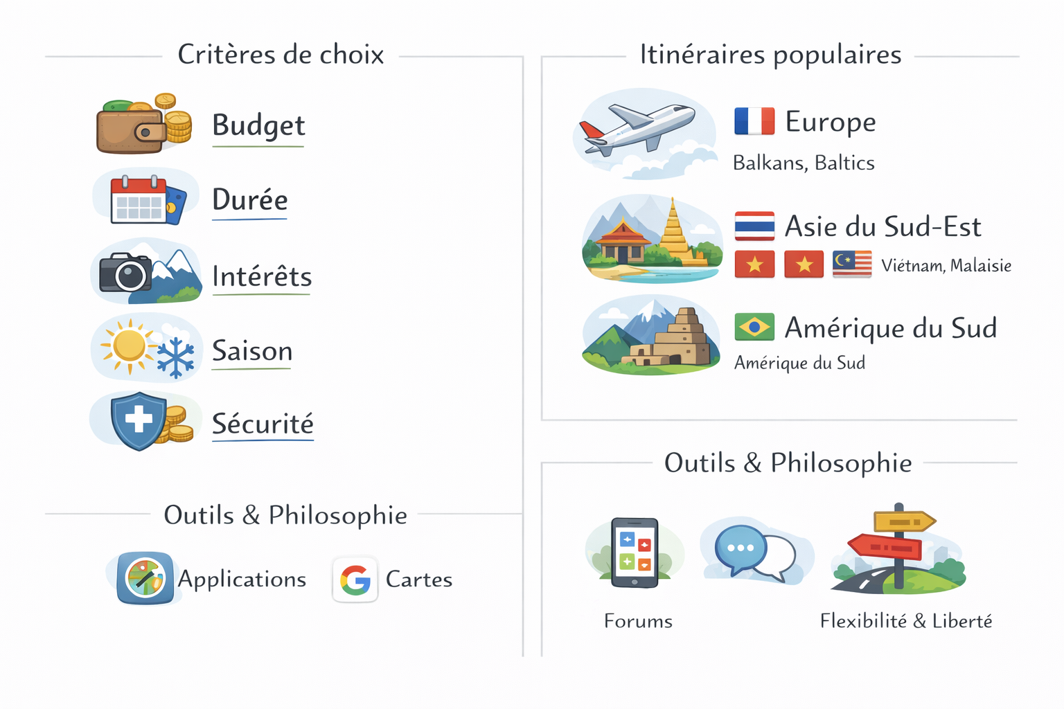 Choix de voyage : budget, durée, intérêts, saison, sécurité.