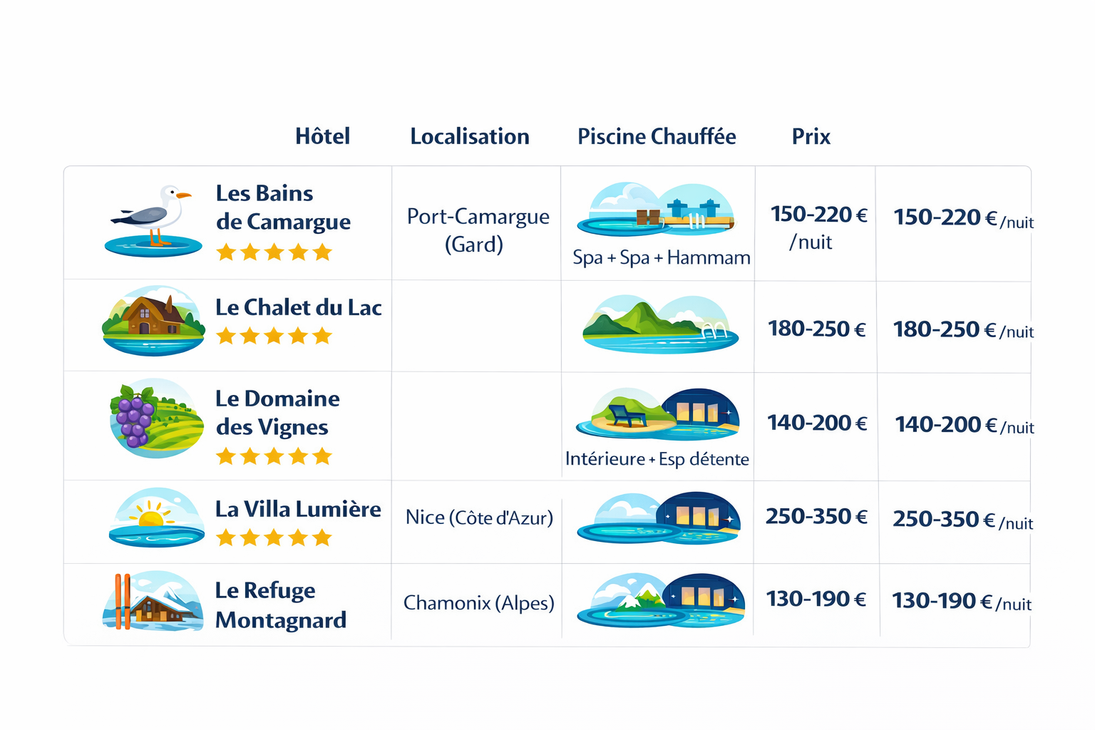 Tableau comparatif hôtels avec localisation, piscine chauffée, prix.