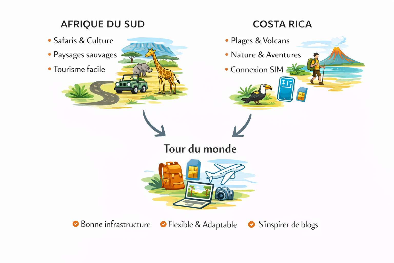 Comparaison Afrique du Sud et Costa Rica pour tour du monde.