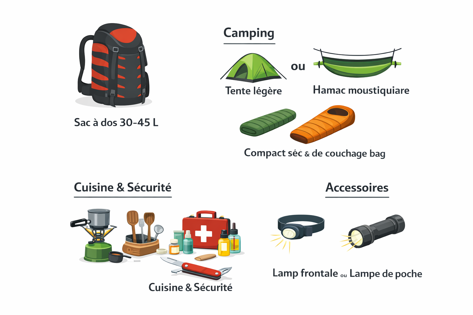 Équipement essentiel pour randonnée, camping, cuisine, sécurité, éclairage.