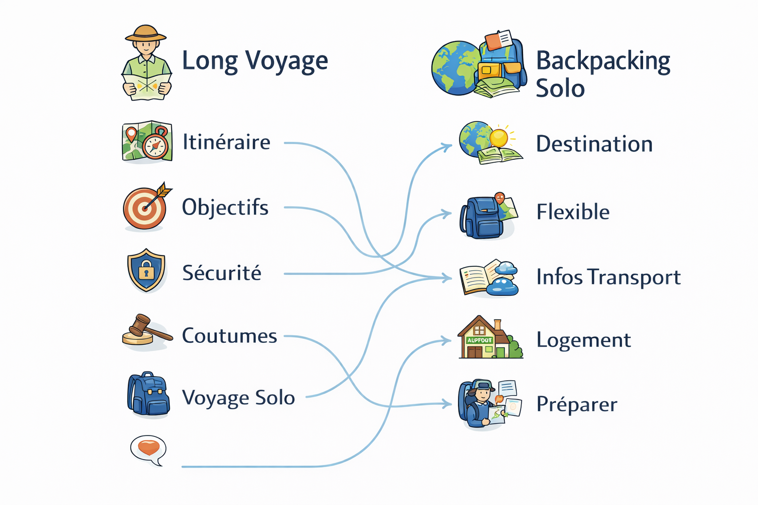 Schéma de préparation pour un voyage solo en sac à dos.