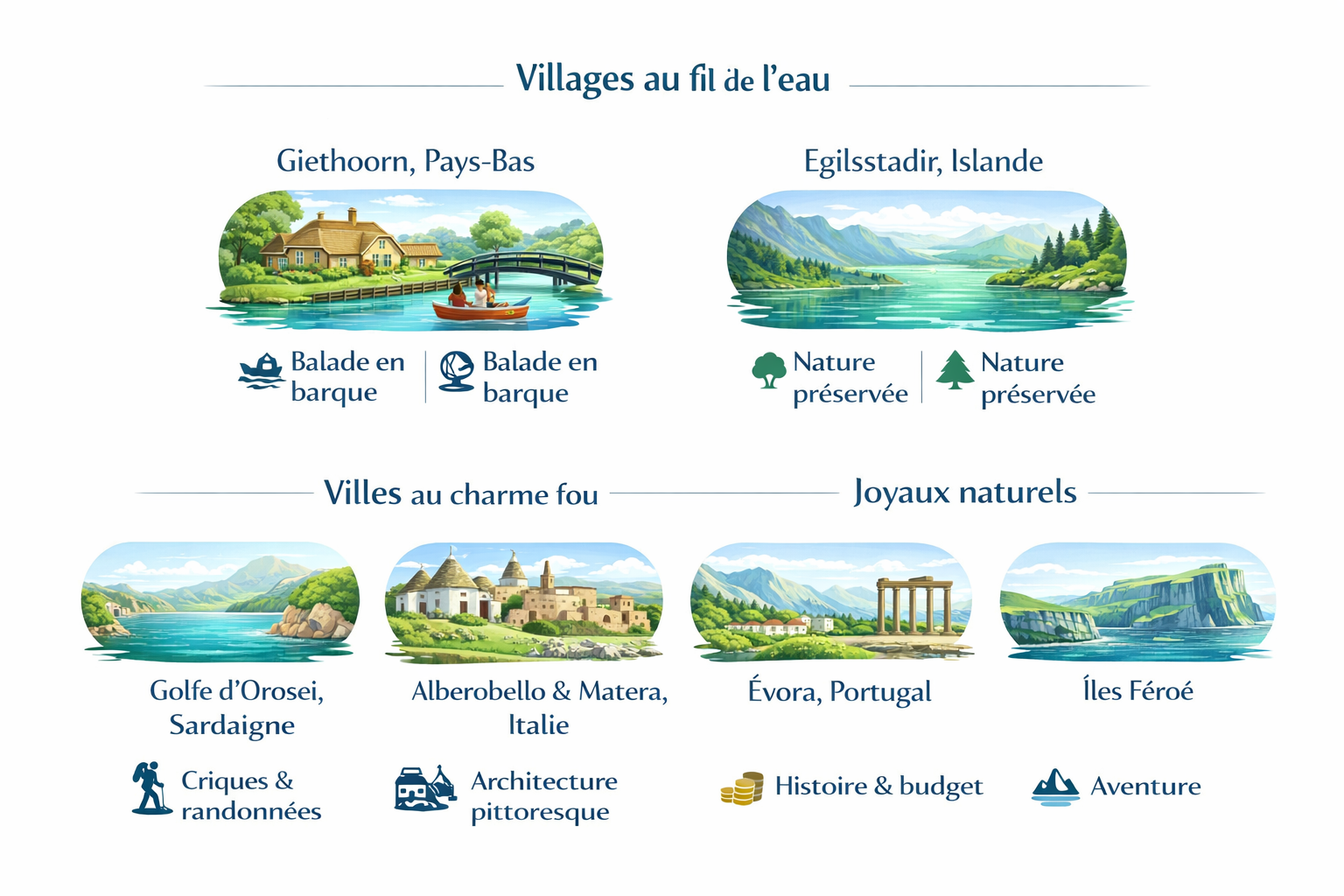 Villages et sites touristiques avec paysages et activités typiques.