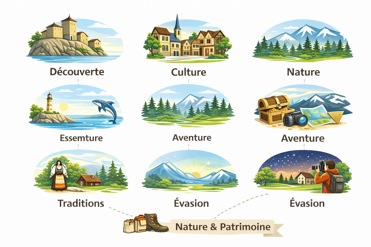 Voyage, découverte, nature, culture, traditions, aventure, évasion.