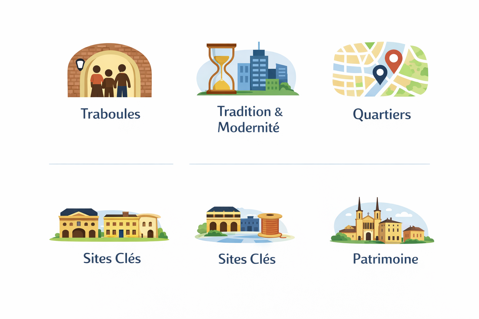 Illustrations thématiques : Traboules, Modernité, Quartiers, Sites, Patrimoine.