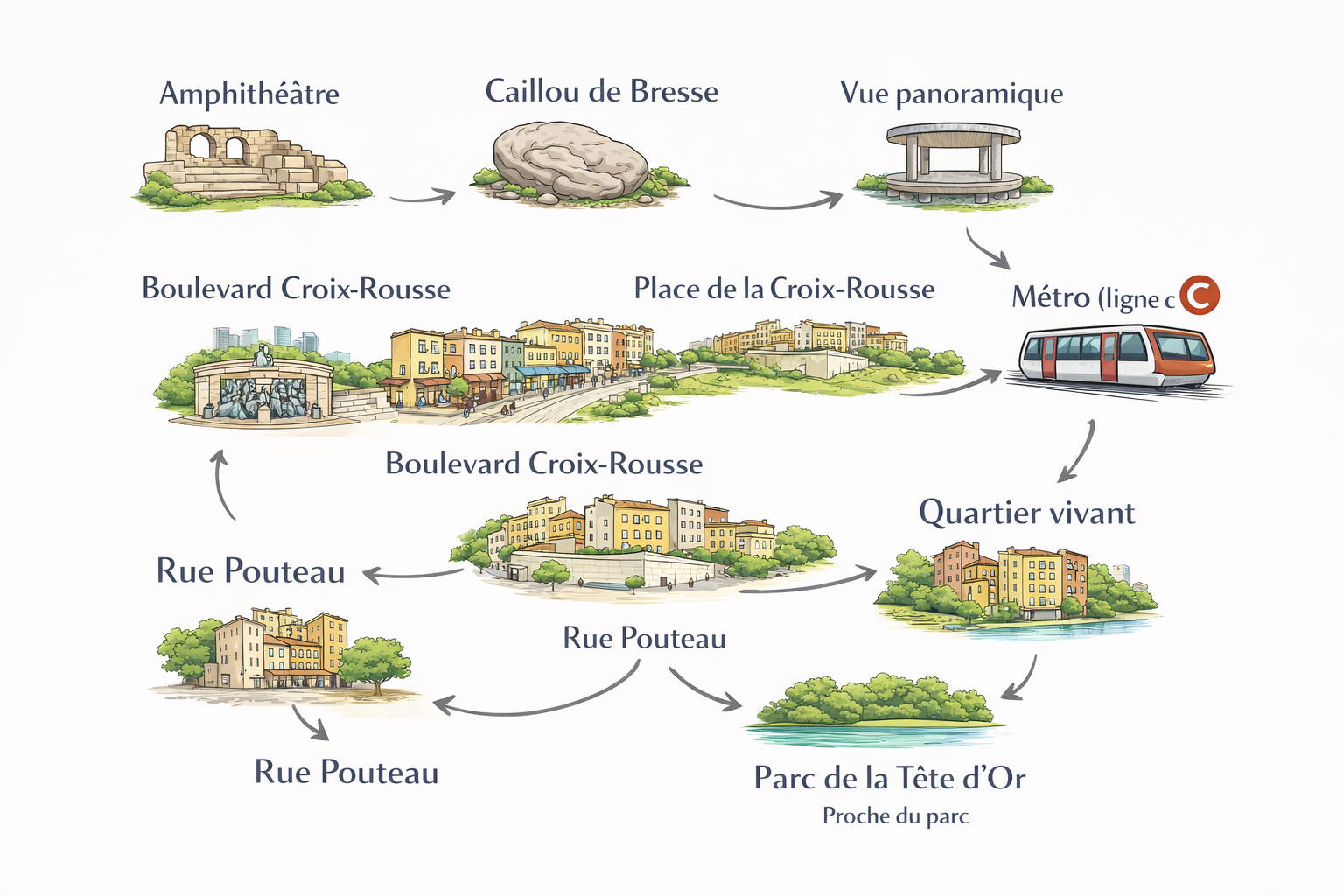 Carte illustrée du quartier Croix-Rousse avec principaux lieux.