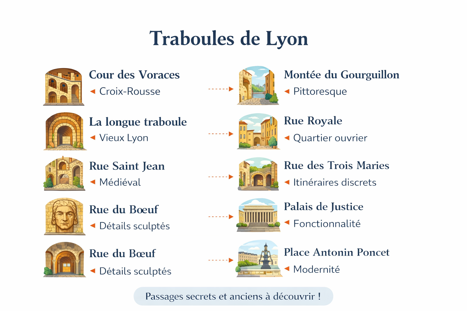 Guide illustré des traboules secrètes et anciennes de Lyon.