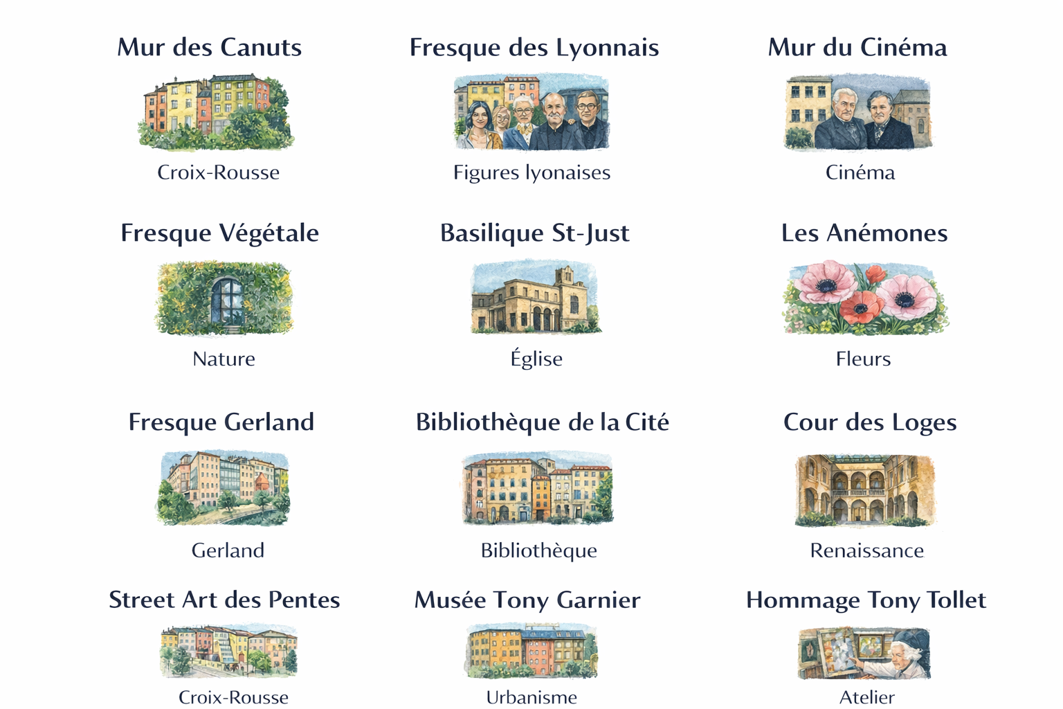 Illustrations et noms d'œuvres ou lieux emblématiques lyonnais.