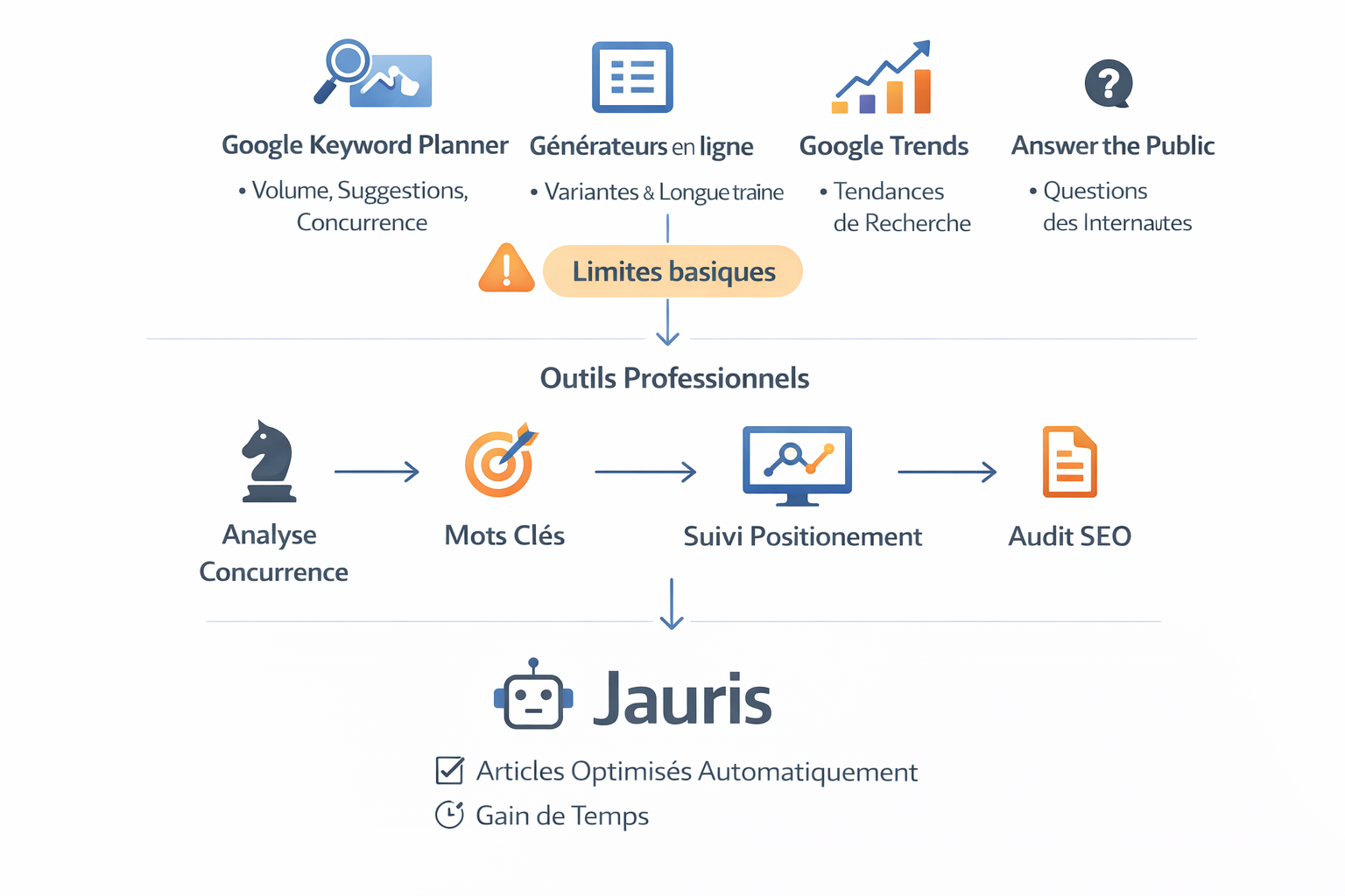 Outils SEO, limites, analyse, mots clés, positionnement, audit, automatisation.