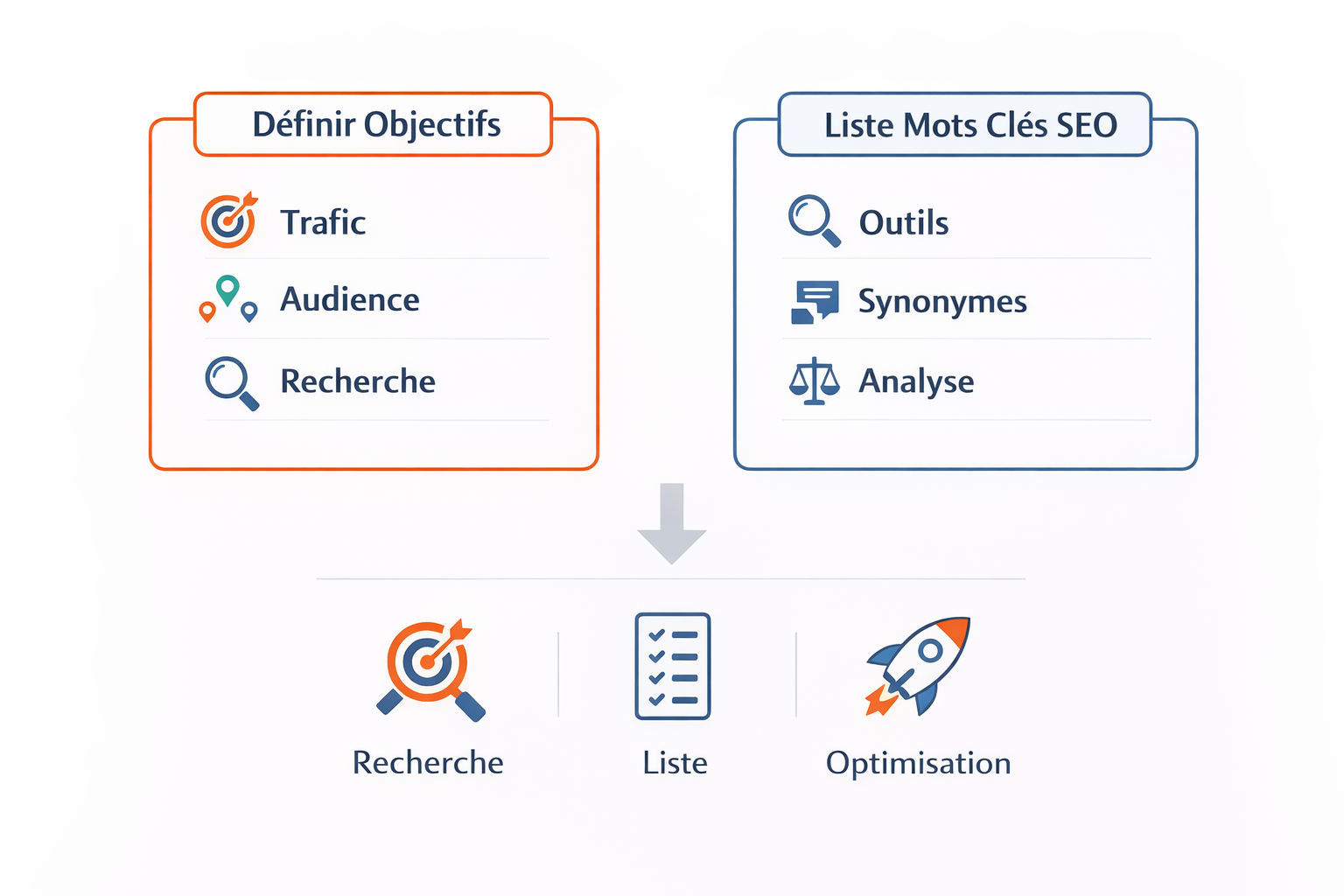 Processus SEO : objectifs, mots clés, recherche, liste, optimisation.