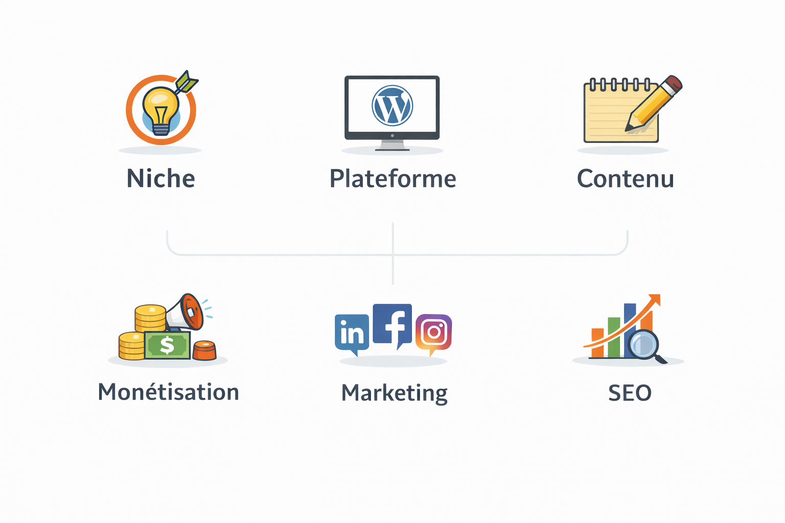 Étapes clés pour réussir un blog : niche, plateforme, contenu, monétisation, marketing, SEO.