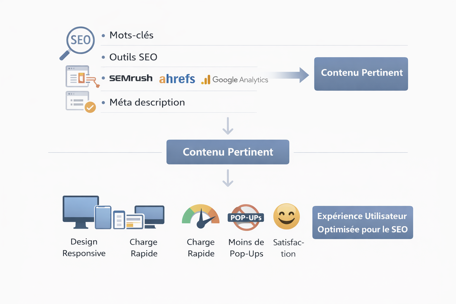 SEO, contenu pertinent, design responsive, vitesse, satisfaction utilisateur.