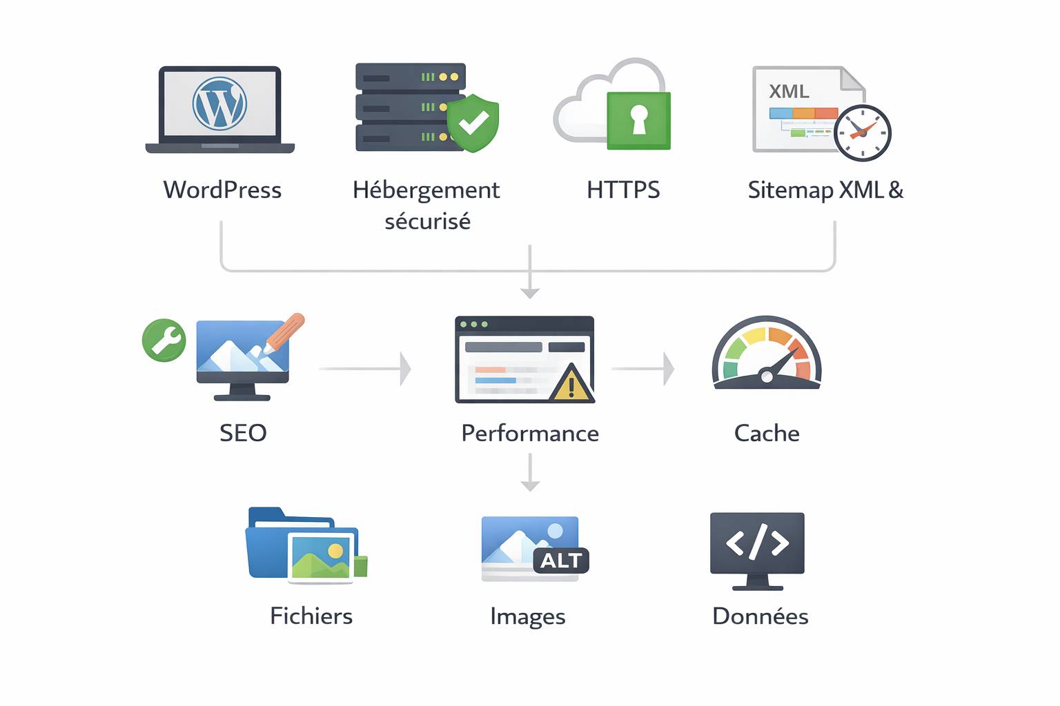 Schéma des éléments clés pour optimiser un site WordPress.