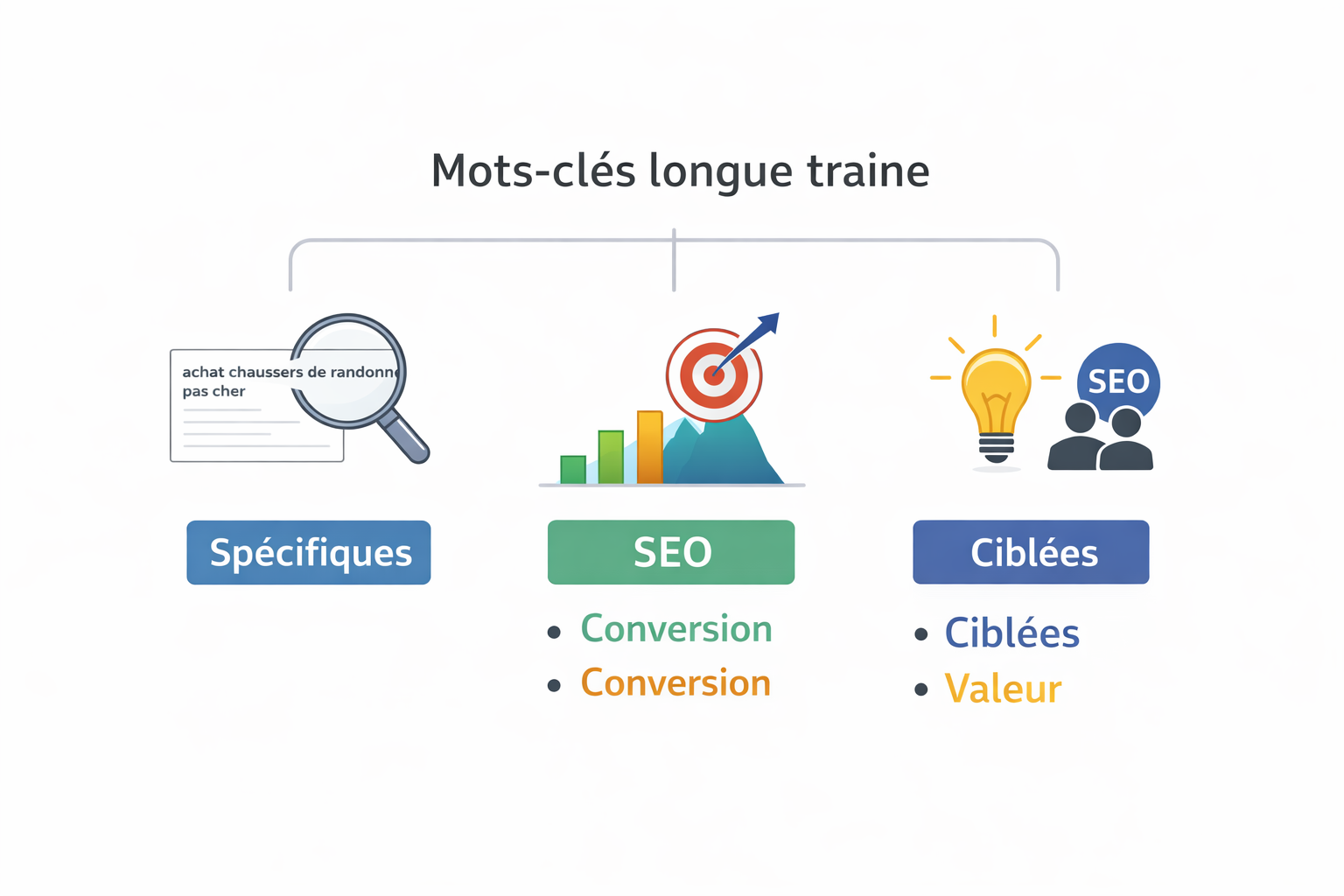 Mots-clés longues traînes : spécifiques, SEO, ciblées, conversion, valeur.