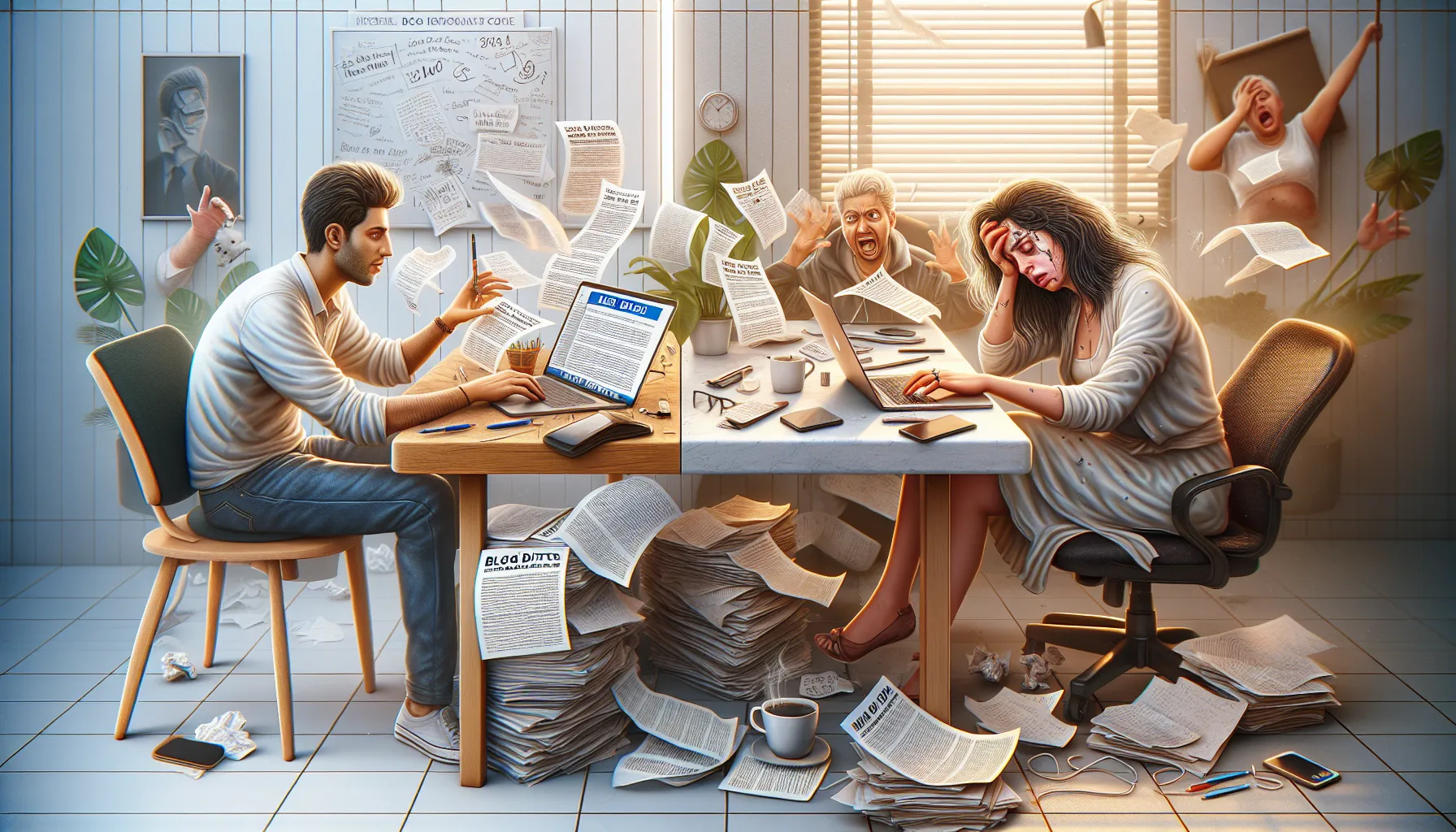 A hyper-realistic image showcasing the concept of mass blog article writing: both good and bad aspects. On one side, convey the positivity with a bustling desk setup in a sunny room, a person of Middle-Eastern descent is typing on a laptop with multiple blog drafts and a coffee cup. In contrast, on the other side, show the adverse effects by depicting a messy desk, an Hispanic woman is fatigued, surrounded by scribbled papers and an empty coffee cup. Please ensure the image is simple, rich in detail but devoid of any text.