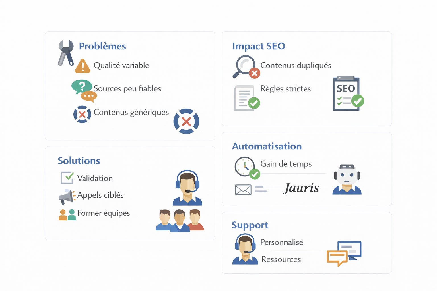 Problèmes, SEO, solutions, automatisation, support, qualité et fiabilité.