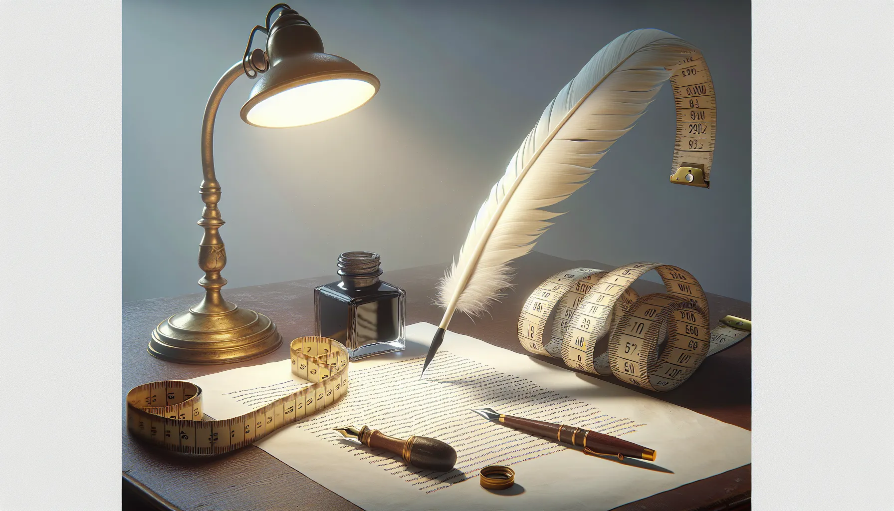 Create a hyper-realistic image that captures the theme of the importance of an article's length for a blog. The image should be simple and designed for an advertisement. It might feature an oversized feather quill, implying writing, beside a measuring tape to signify length. Perhaps the quill could be dipping into an ink pot while the tape measure extends from the pot, uncurling across a clean, white page on a vintage writing desk, underneath a soft, illuminating light from a classic desk lamp.