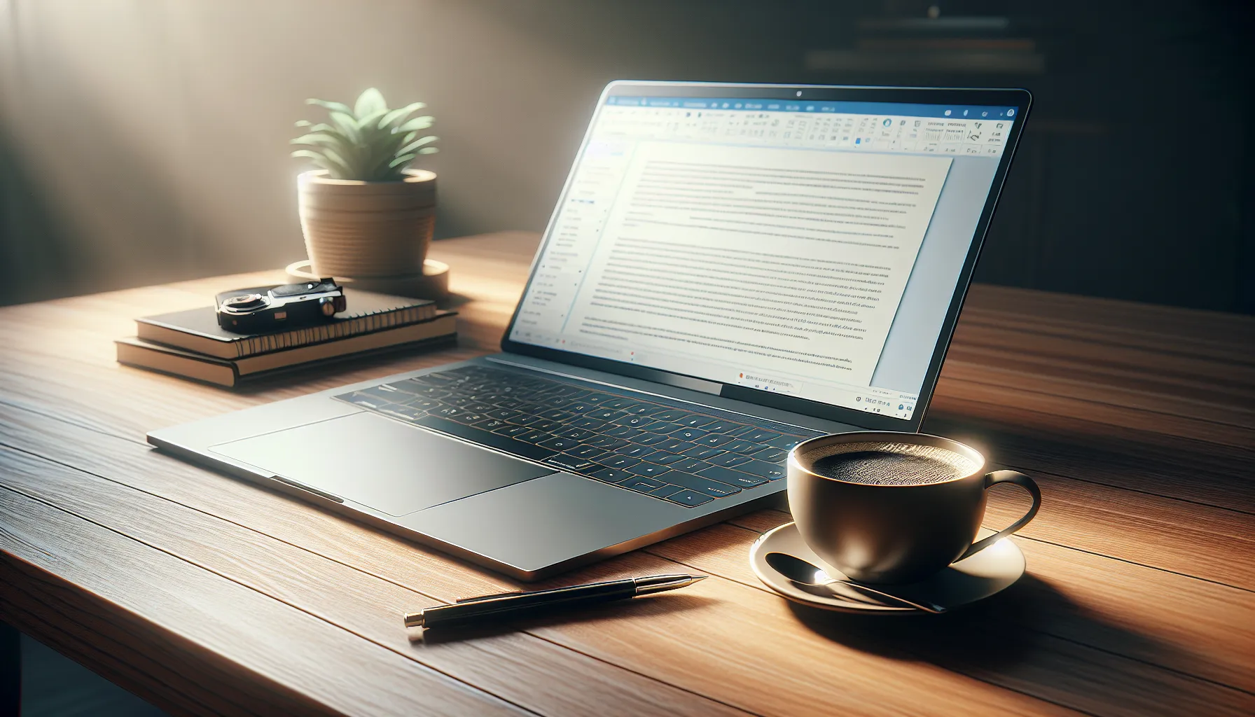 An ultra-realistic image intended for a blog article advertisement. The image features a set of tools typically associated with blogging, such as a modern laptop with an open, blank word processor software, a cup of coffee placed beside it on a wooden desk with a plant nearby. In the background, there's a light source for balanced illumination, casting a soft glow on the objects to reflect the serene environment typically associated with focused blogging. Please note, no text should be included in the image.