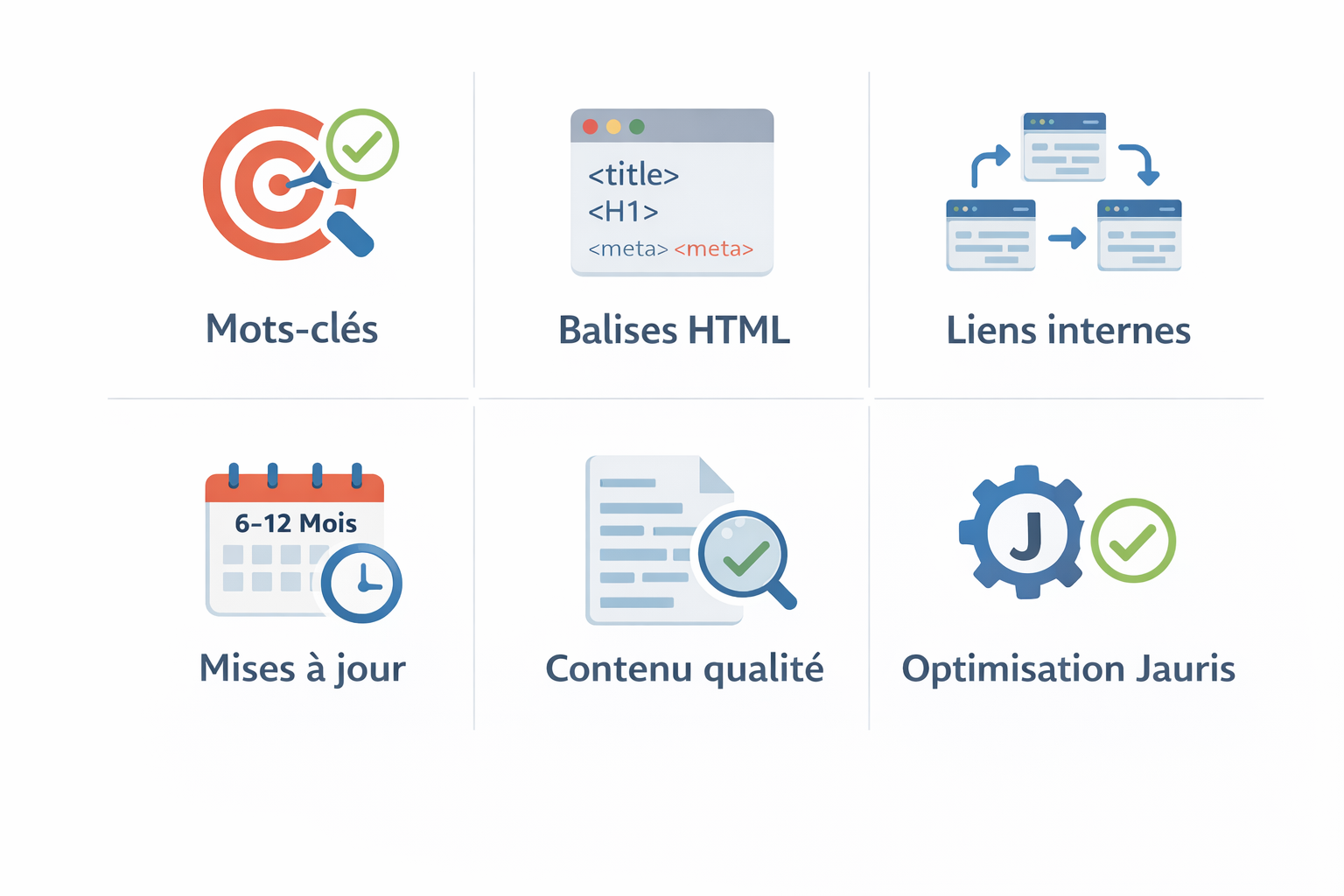 Optimisation SEO : mots-clés, HTML, liens, contenu, mises à jour.