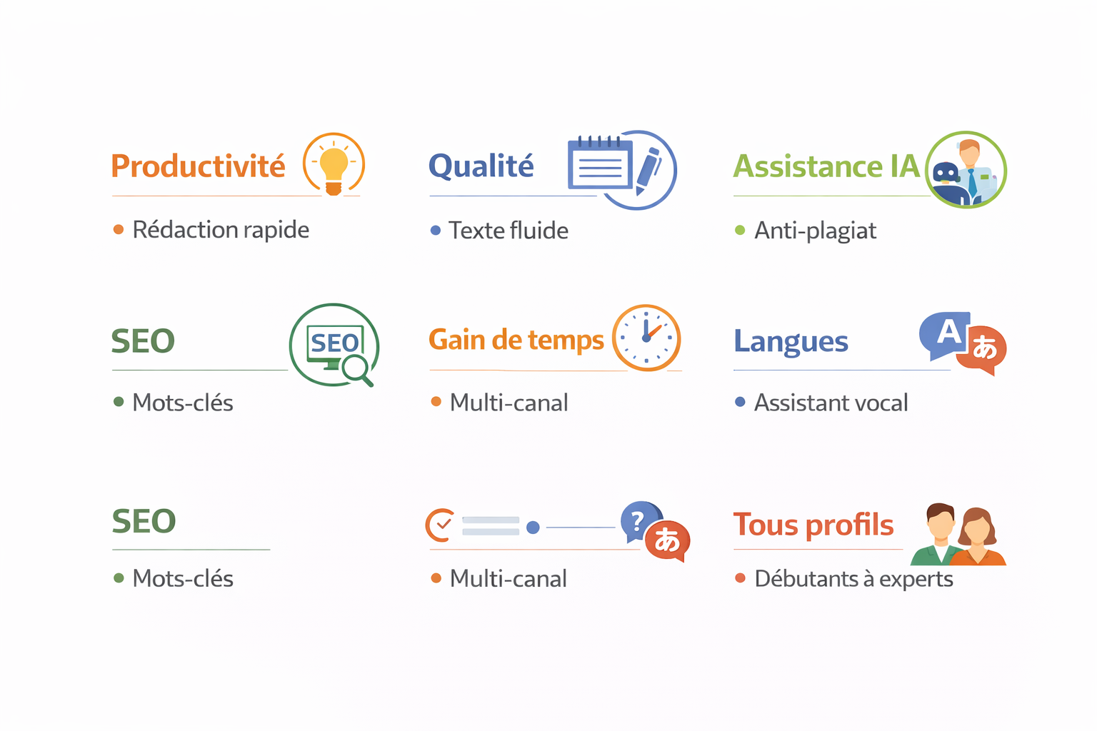 Avantages : productivité, qualité, assistance IA, SEO, gain temps, langues, profils.