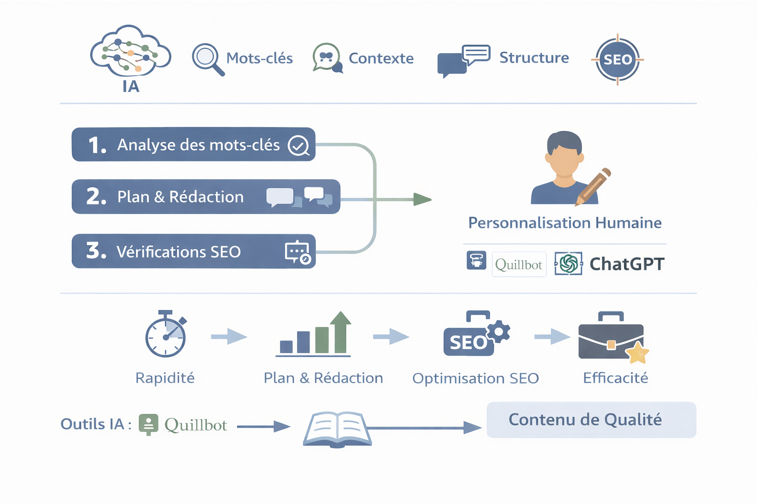 Processus IA pour création contenu optimisé SEO avec personnalisation humaine.