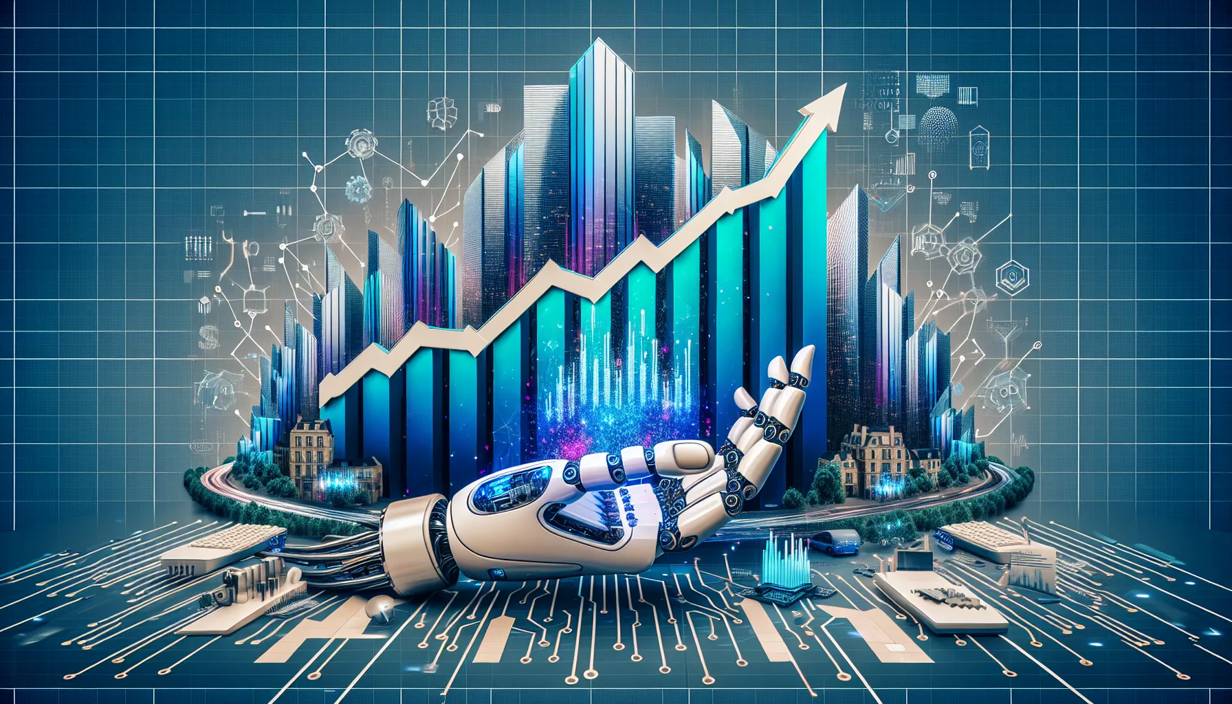 Une image publicitaire ultra-réaliste et simple capturant le thème des projections du marché de l'intelligence artificielle en France. Imaginez un graphique de prévisions clair montrant la croissance globale du marché de l'IA en France, avec des flèches ascendantes sur un graphique. En arrière-plan, une ville futuriste avec des bâtiments modernistes symbolisant le progrès et l'innovation. Incluez également des objets liés à l'IA et à la technologie, tels que des mains robotiques, des puces électroniques et des codes binaires disséminés subtilement dans le décor.