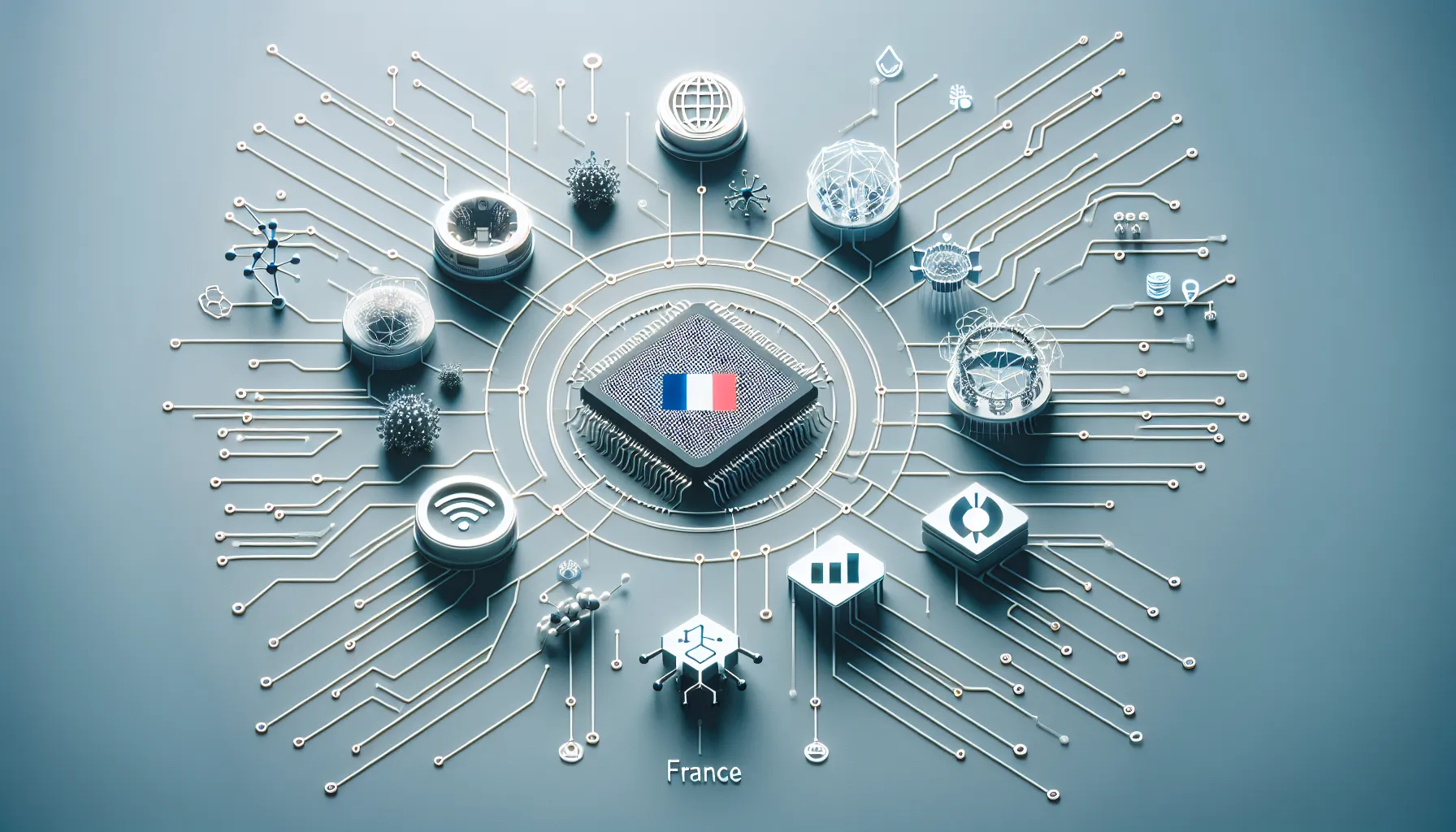 Créez une image représentant les projections du marché de l'intelligence artificielle en France, en se concentrant sur les défis et les opportunités liés à l'adoption de l'intelligence artificielle. L'image doit être minimaliste et hyper-réaliste, avec des symboles de l'intelligence artificielle tels que des microprocesseurs et des réseaux neuronaux, ainsi que des symboles d'opportunités et de défis. Incorporez des éléments caractéristiques de la France, mais sans insérer de texte.