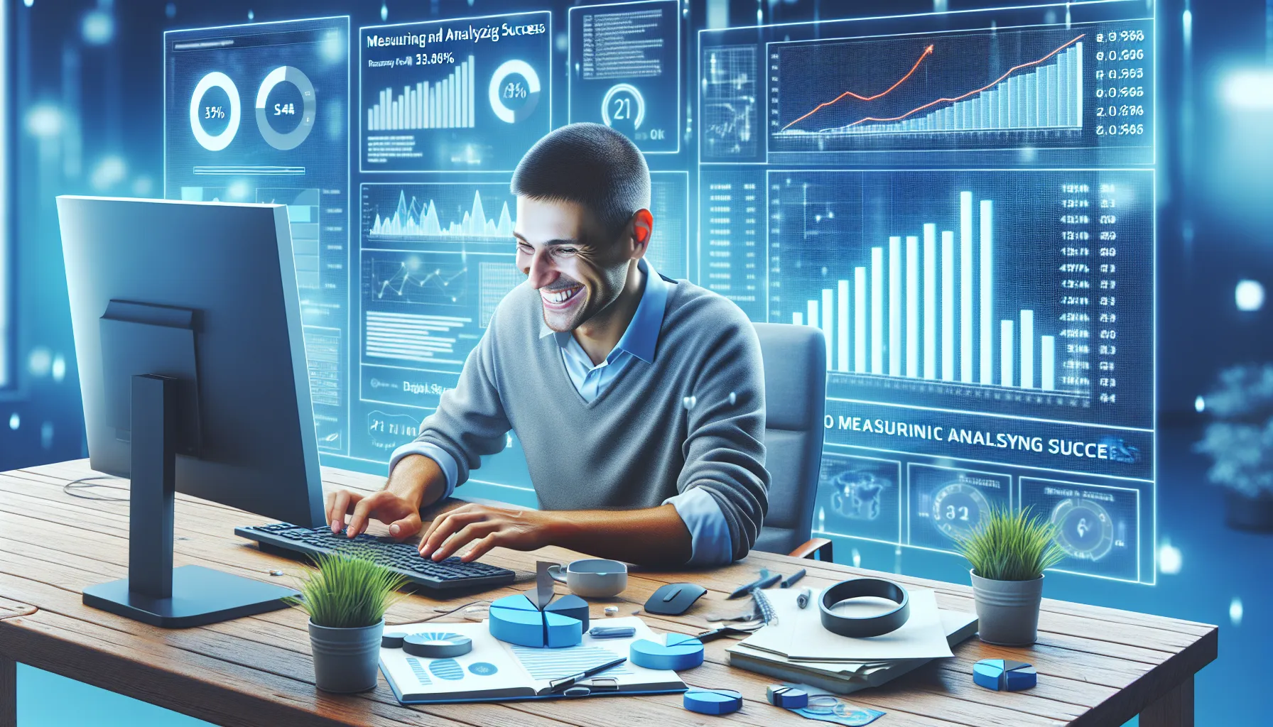 L'image montre un homme souriant, assis devant un ordinateur avec un écran affichant des graphiques et des données analytiques. Il porte un pull gris et semble concentré sur son travail. Sur son bureau en bois, se trouvent divers objets, tels que des graphiques en papier, un pot de plante et des outils d'écriture, ainsi qu'une tasse. L'ambiance générale est moderne et technologique, avec des éléments visuels qui suggèrent un environnement de travail dynamique lié à l'analyse de données.