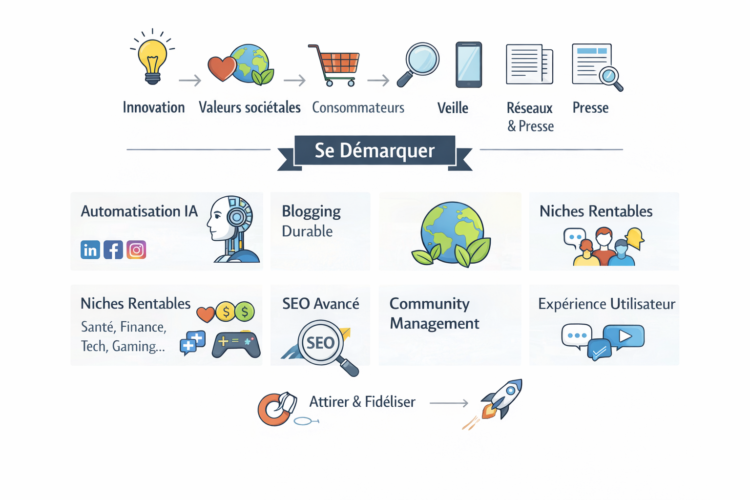 Stratégies marketing : innovation, valeurs, SEO, community management.