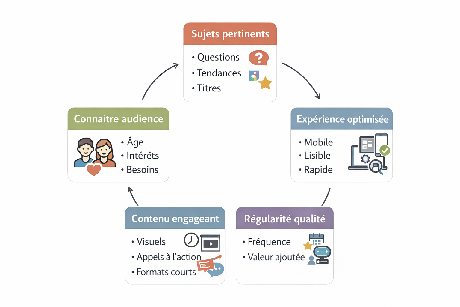Cycle de création de contenu efficace basé sur audience et qualité.