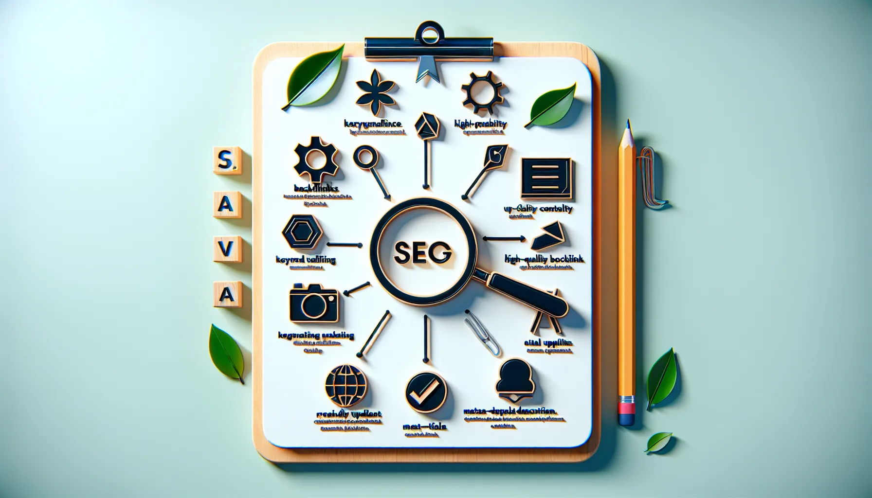 Créez une image réaliste et simple représentant les critères essentiels d'un bon article de blog pour le SEO. Cela peut inclure des représentations symboliques de la pertinence des mots-clés, des backlinks de qualité, des mises à jour régulières, un contenu convivial et des méta-titres et descriptions. Une dose de créativité est nécessaire pour ne pas inclure d’éléments textuels dans cette réalisation visuelle.