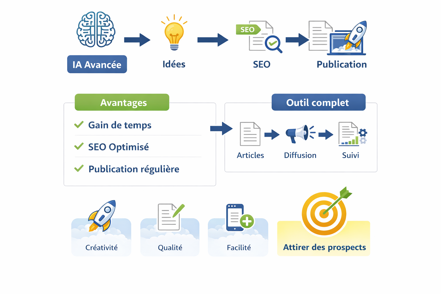 Processus IA avancée générant idées, SEO, publication, attirant prospects.