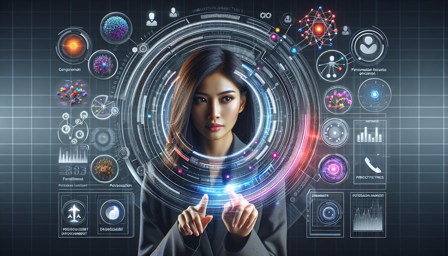 L'image présente une femme concentrée, semblant interagir avec une interface holographique futuriste. Elle est entourée de divers éléments graphiques et icônes représentant des données scientifiques et technologiques, tels que des molécules, des graphiques, et des symboles de réseaux. Le fond est composé de motifs géométriques et de couleurs lumineuses, créant une ambiance technologique avancée. Son expression faciale dénote de la détermination et de l'engagement dans ce qui semble être une analyse complexe ou une recherche.