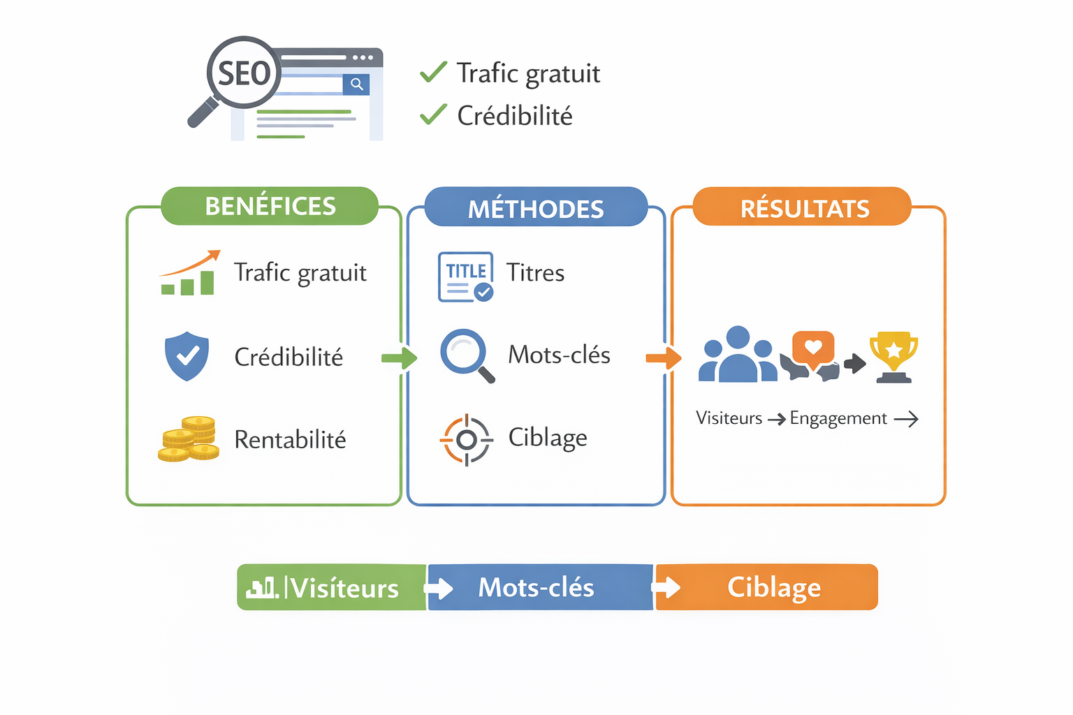SEO : bénéfices, méthodes, résultats, trafic, crédibilité, ciblage.